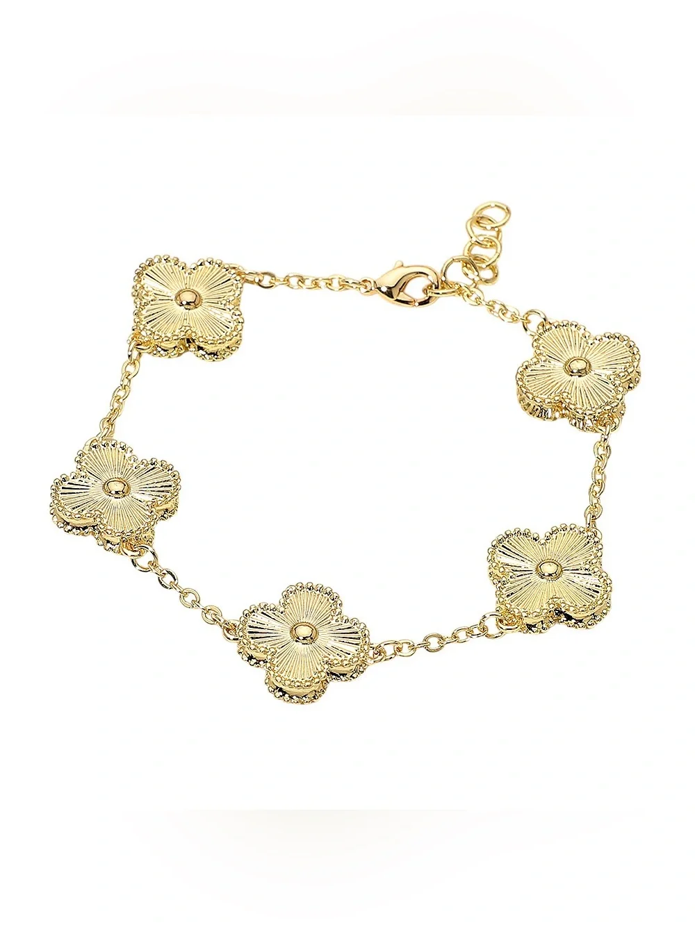 14K Gold Plated Textured Quatrefoil Charm Link Bracelet